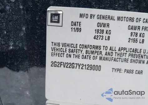 2000 Pontiac Firebird Trans Am z USA, uszkodzony, nr VIN 2G2FV22G7Y2129000